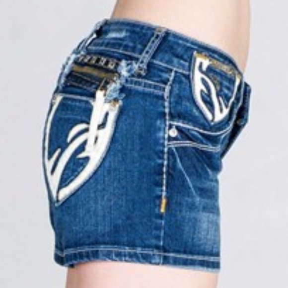 Rodeo Vegan Leather Detail Denim Shorts - Picture 2 of 5